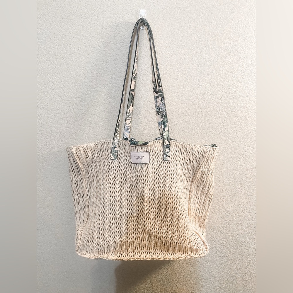 Beige Knit Tote Bag with Floral Straps
